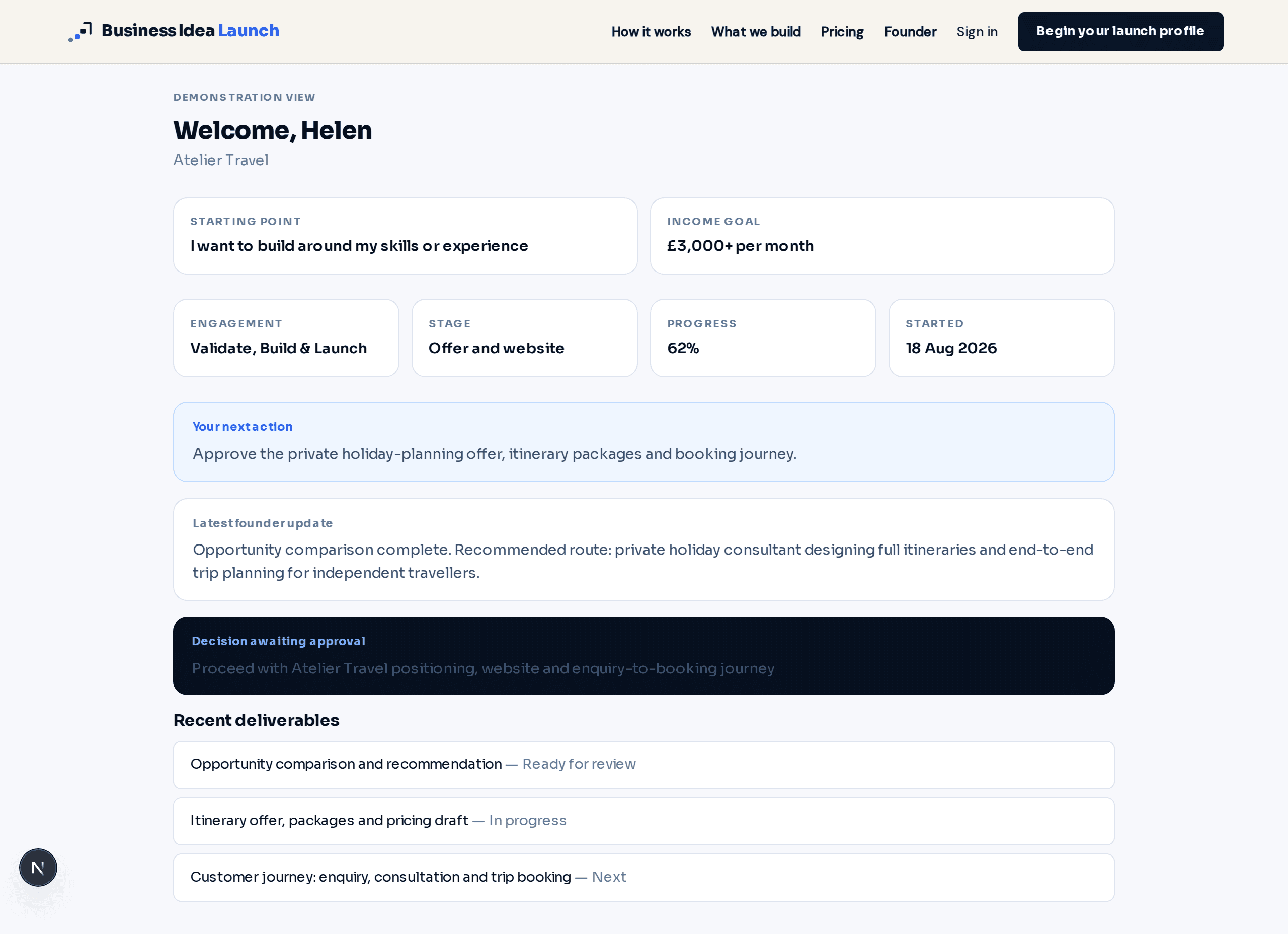 Launch Workspace client portal showing engagement progress, next actions, founder updates, pending decisions and recent deliverables